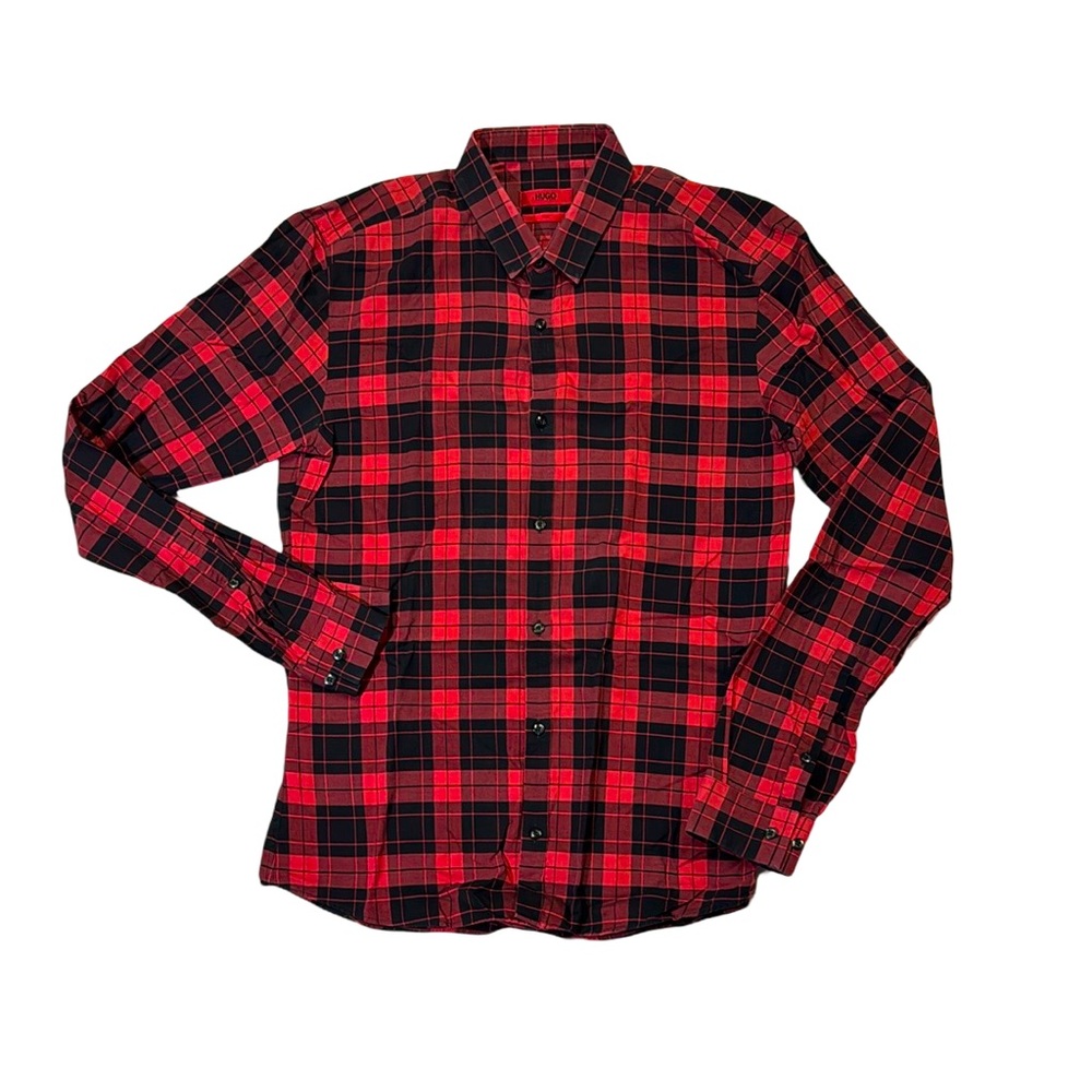 Hugo Boss mens M Medium red black slim fit button up casual shirt EUC